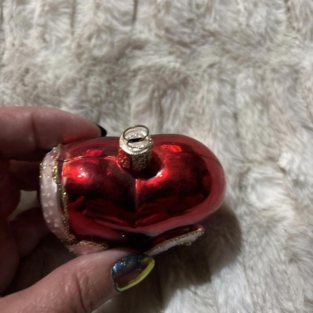 Blown Glass Red Heart Ornament Pink Ribbon Glitter